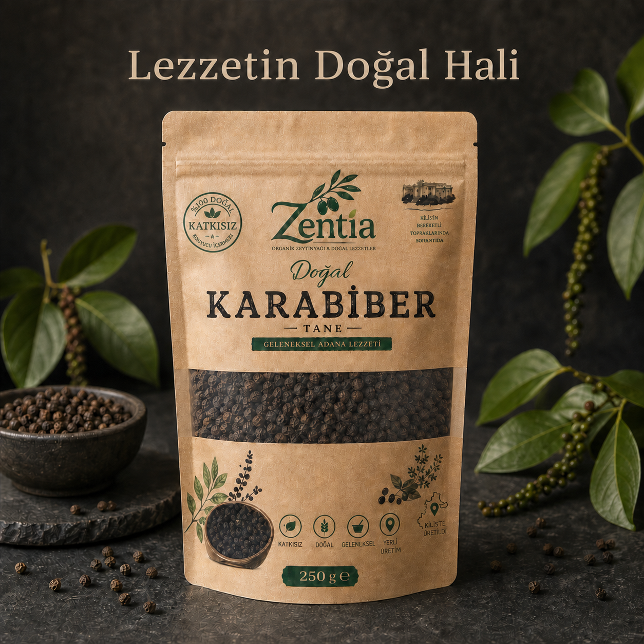 Zentia Doğal Tane Karabiber 250 g ambalajı